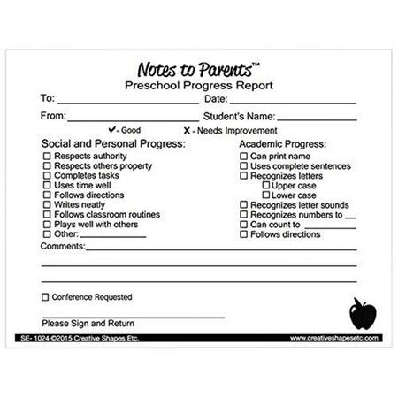 CREATIVE SHAPES ETC PreSchool Progress Notes to Parents SE-1024